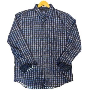 Bugatchi Uomo Long Sleeve Button Down Shirt Navy Black Check Paisley XL